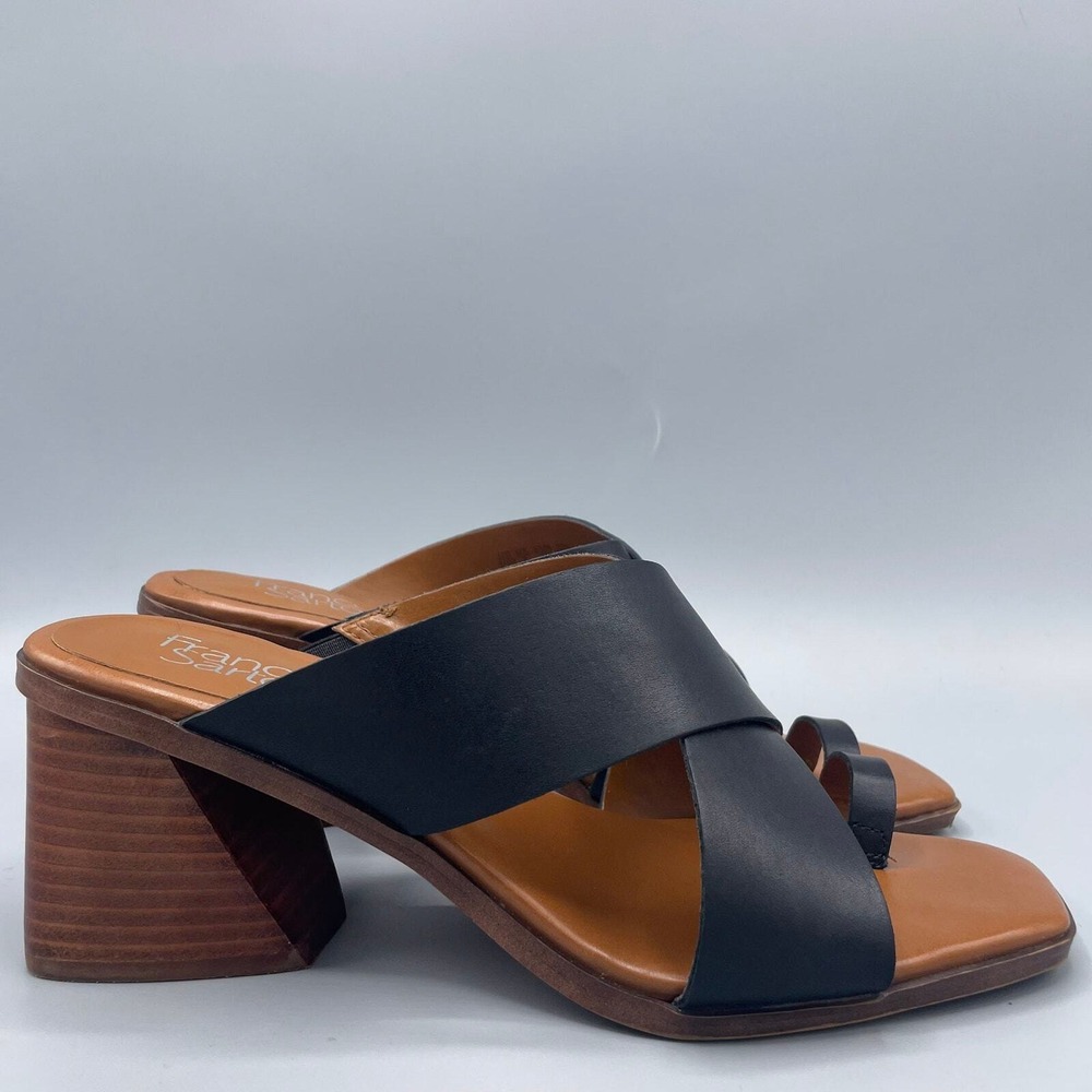 Franco Sarto Sandals Size 10 Black Leather Safia Minimalist Block Heels Capsule